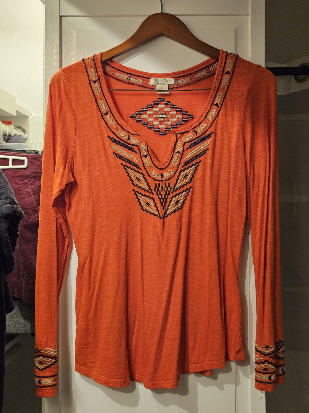 Lucky Brand Southwestern / Aztec Embroidered Long Sleeve - Coral